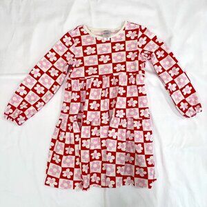 Hanna Andersson Girls Long Sleeve Checkerboard Floral Dress Pink Red Size 5 (110
